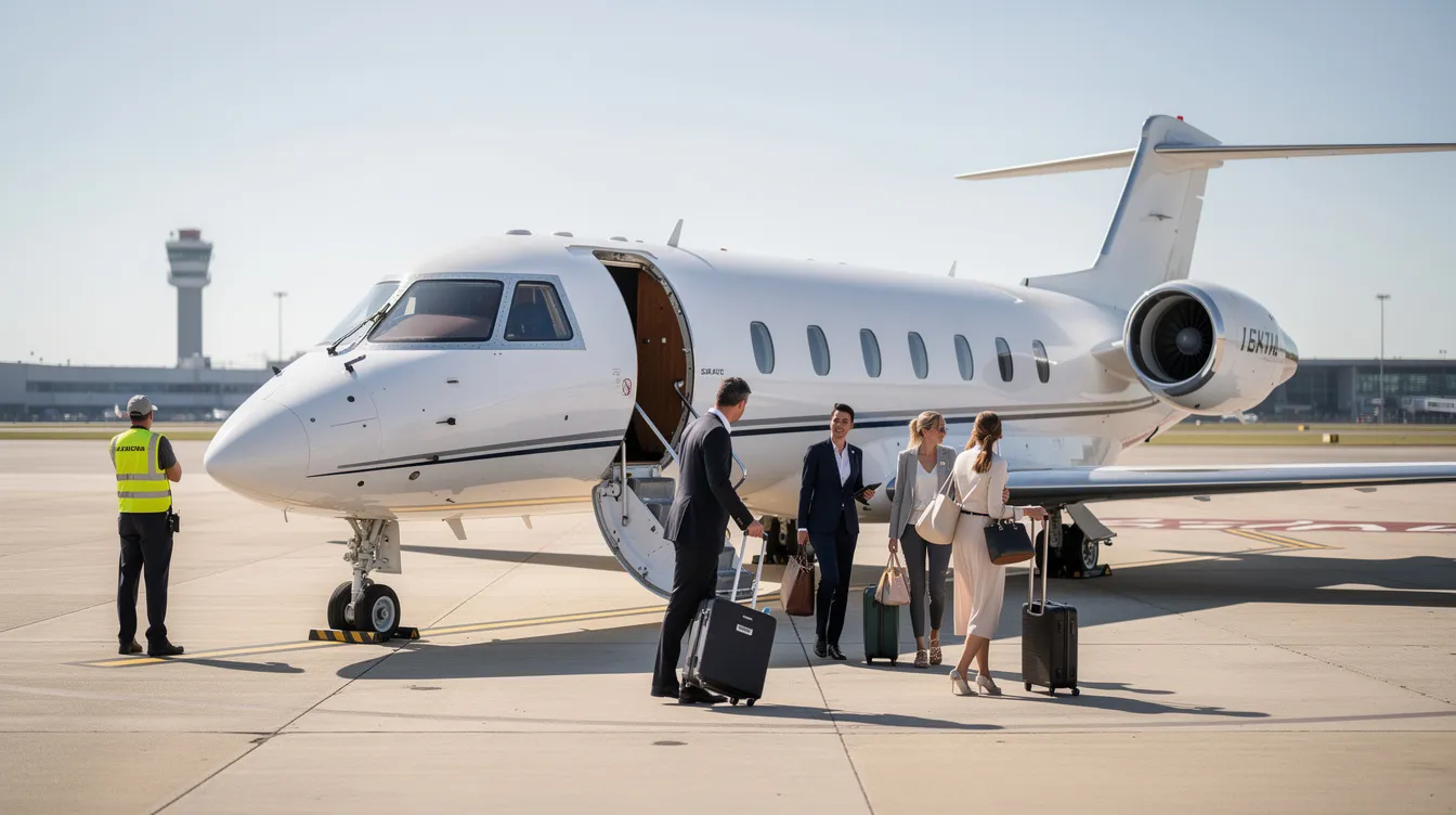 A small private jet is parked on the tarmac, with passengers boarding and preparing for their flight. This scene captures the essence of luxury travel, where travelers can enjoy direct flights to popular destinations like Italy, making their trip seamless and convenient.