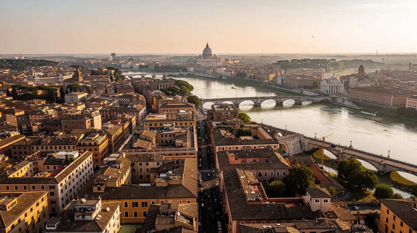 An aerial view of Rome showcases its iconic historic architecture, including ancient buildings and landmarks, with the Tiber River flowing through the city. This picturesque scene highlights Rome's status as a popular tourist destination in Italy, perfect for travelers seeking cheap flights to explore its rich history and culture.