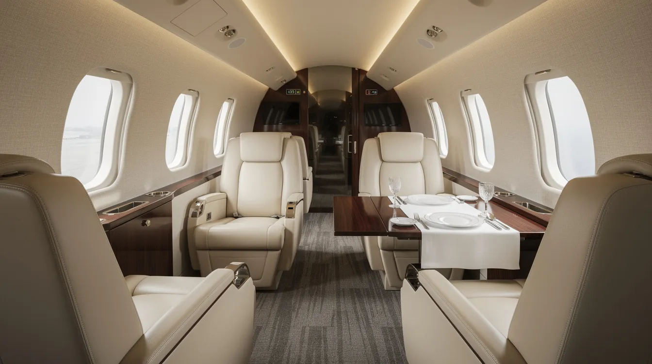 The image depicts the interior of a midsize private jet cabin, featuring luxurious leather club seating arranged around a small dining table, perfect for guests to relax and enjoy their journey. This elegant space exemplifies luxury travel, making it an ideal setting for private tours and unforgettable adventures.