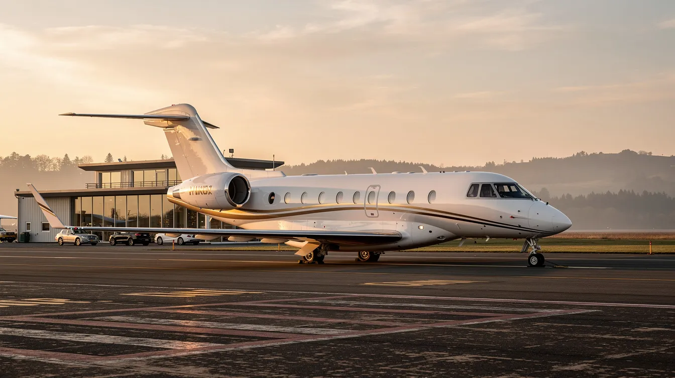 A sleek private jet is parked on a runway at a small private terminal, bathed in the warm glow of golden hour, symbolizing the beginning of an incredible trip for luxury travelers. This serene moment captures the essence of private travel, inviting guests to embark on unforgettable journeys to stunning destinations around the world.
