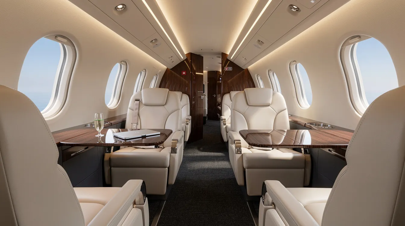 The image depicts the interior of a midsize business jet cabin, featuring plush leather seats arranged for comfort and style, ideal for passengers traveling in luxury. This elegant space showcases the design and service quality expected from private jets, making it an attractive option for potential buyers in the market.