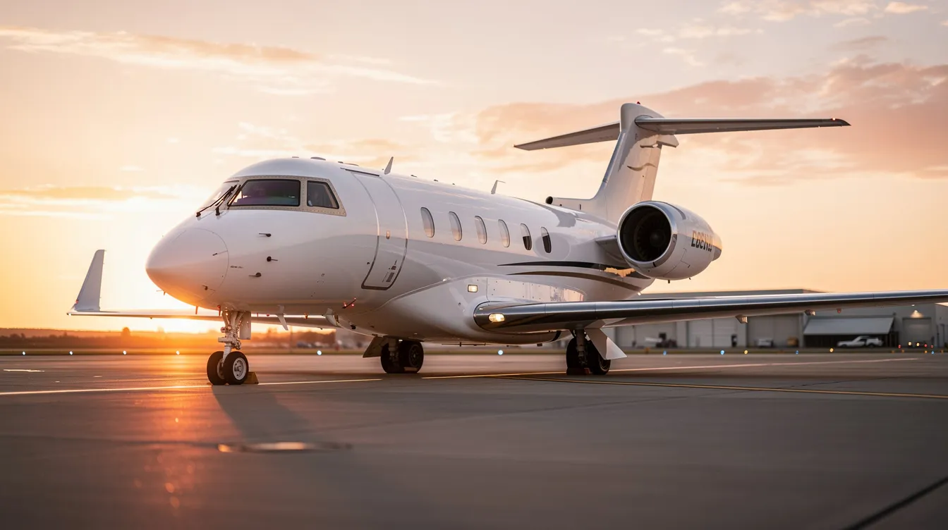 A sleek modern private jet is parked on an airport tarmac, illuminated by the warm hues of a sunset. This image captures the elegance of private jets, showcasing an opportunity for potential buyers and private jet brokers looking to enhance their inventory.