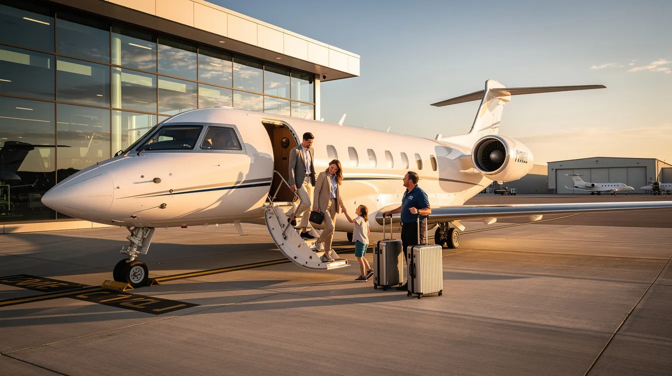 A family is seen boarding a luxury private jet at a modern Fixed Base Operator (FBO) terminal, surrounded by sleek private aircraft. The scene captures the opulence and convenience of private jet travel, highlighting the bespoke amenities and security that come with flying in style.