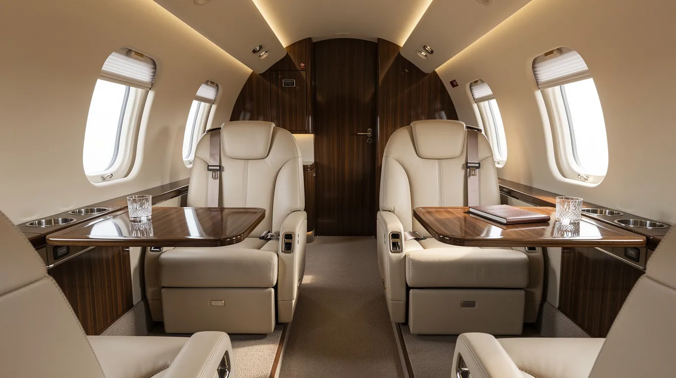 The image depicts the luxurious interior of a private jet cabin, featuring cream leather seats and elegant wood grain finishes that exemplify opulence. This sophisticated space is designed for comfort and style, making it ideal for business or leisure travel in the world of private jets.