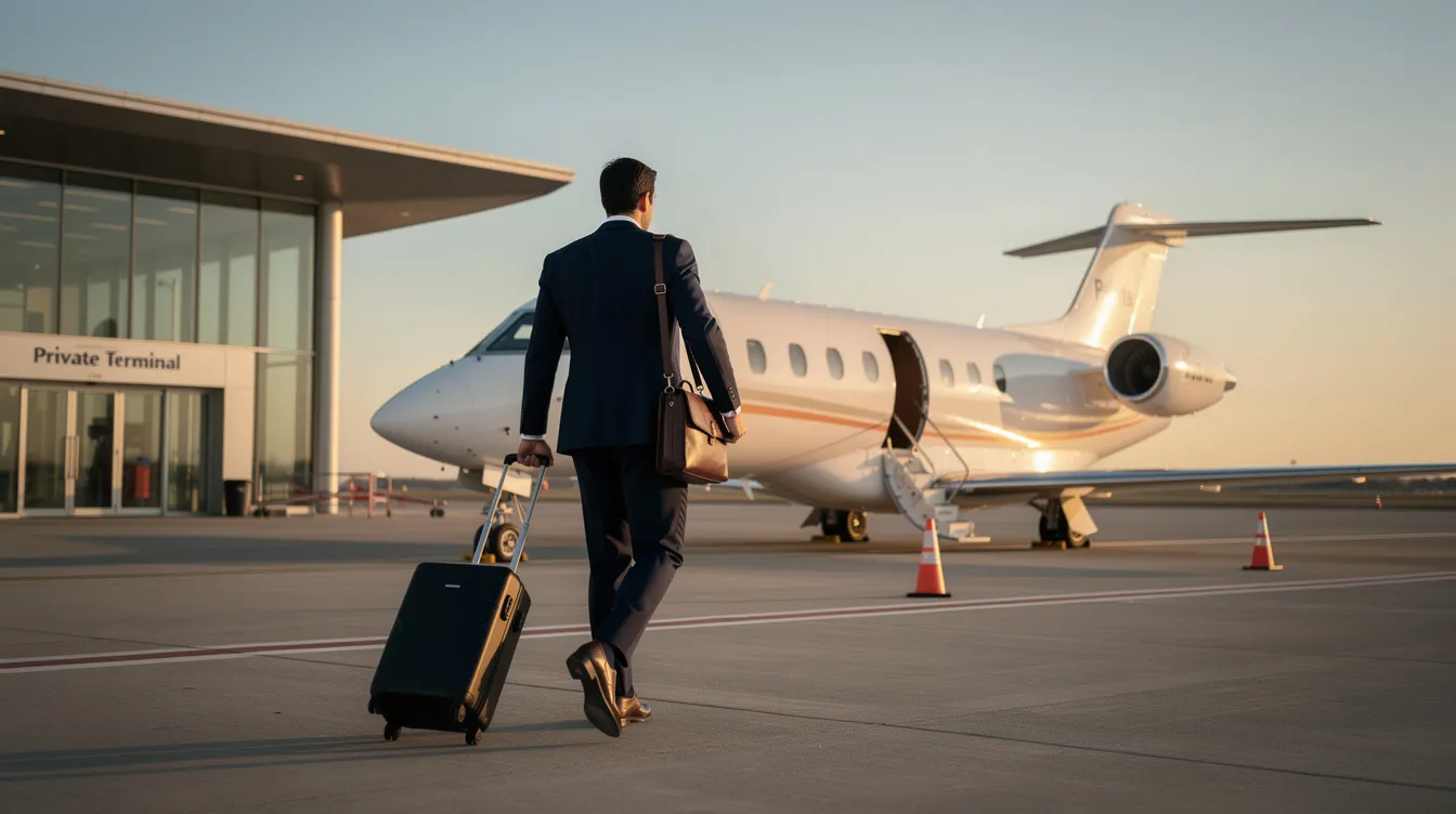 A business traveler is walking towards a small private jet at a private terminal, showcasing the convenience of private aviation for short business trips. This entry-level jet, ideal for up to six passengers, represents an affordable option in the very light jet category, allowing for access to smaller airports and remote destinations.