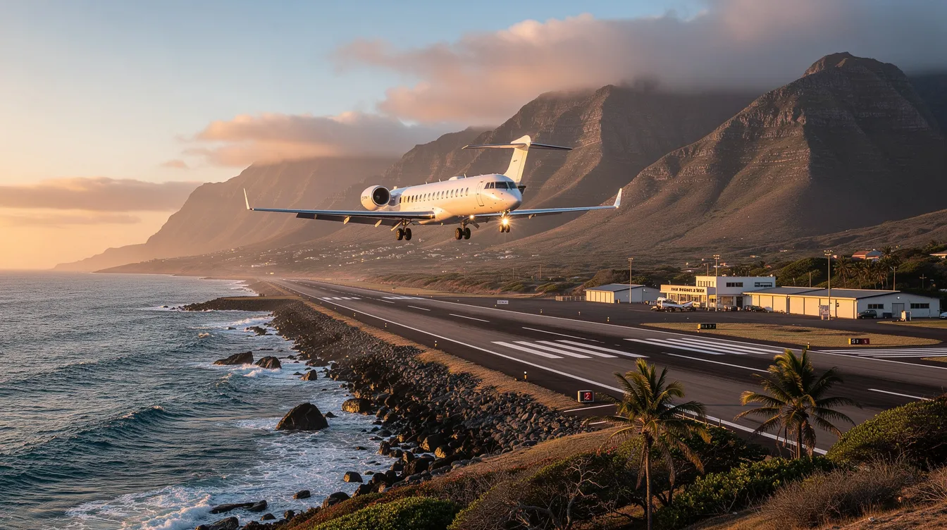 A private jet, likely a light jet or very light jet, is landing at a small coastal airport surrounded by mountains, showcasing the beauty of private aviation. This scene captures the convenience of accessing smaller airports and the appeal of personal jets for business travelers and private jet owners.