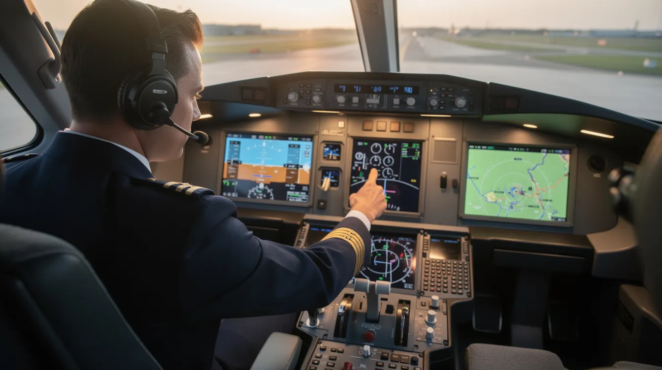 A pilot is seated in the cockpit of a modern business jet, preparing for flight with various controls and instruments visible. This private jet, designed for efficiency and comfort, is equipped with advanced technology, making it an ideal choice for business travelers seeking a smooth flying experience.