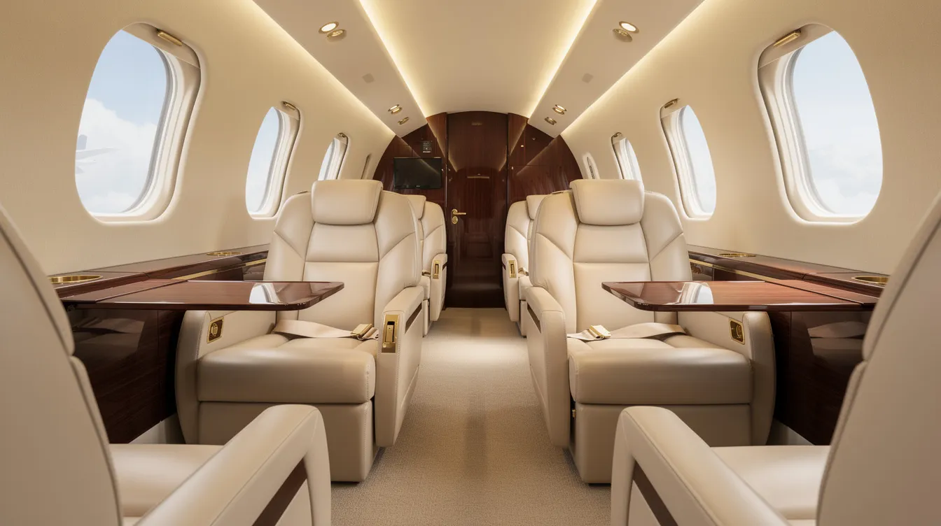 The image depicts the luxurious interior of a private jet, featuring plush leather seats and elegant wood trim, designed to provide comfort for passengers during flights. This sophisticated cabin reflects the high standards of private jets, ideal for business travel or family journeys.