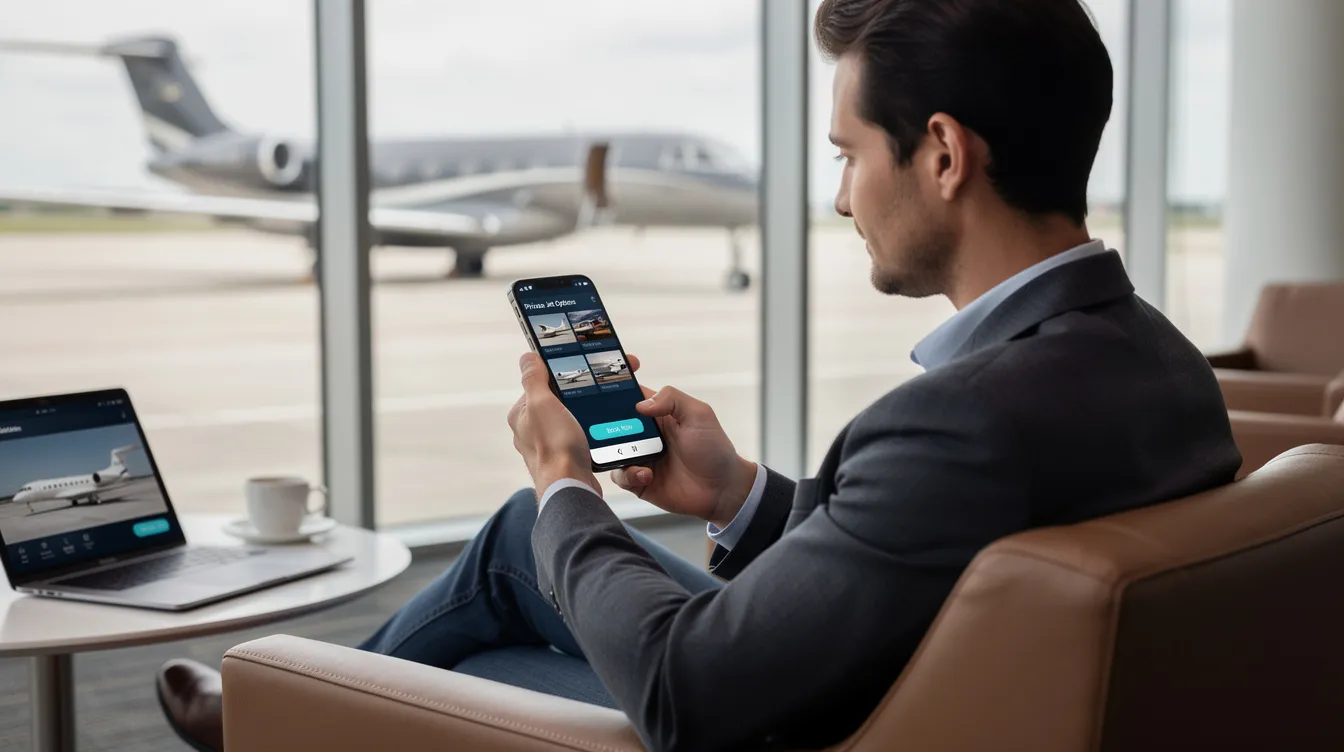 A person is using a smartphone to browse and book private jet options, exploring various private aviation offers and flight details for their travel plans. The screen displays information about different aircraft types, including light jets and business jets, highlighting the benefits of flexible travel and personalized service.