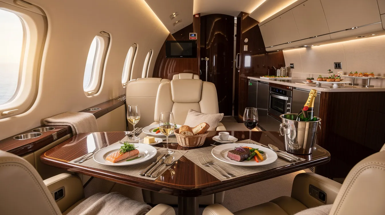 The image depicts a luxurious private jet cabin featuring a polished wood table elegantly set with gourmet food service, showcasing the comfort and sophistication of private jet travel. The spacious cabin is designed for an exclusive flying experience, emphasizing personalized service and high-quality amenities.