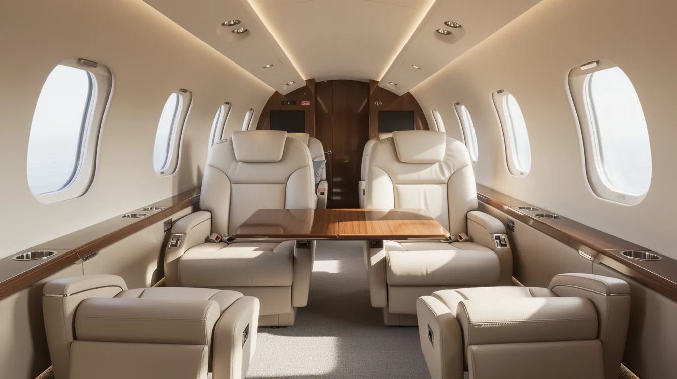The image showcases the luxurious interior of a private jet, featuring plush leather seats arranged for comfort and ample natural light streaming through large windows. This elegant space is designed for discerning travelers seeking personalized service and a premium flying experience.