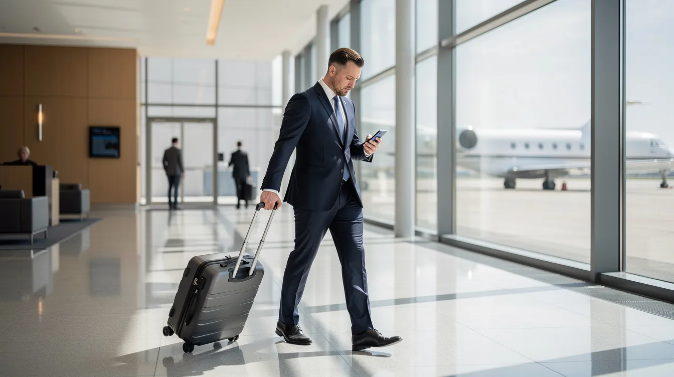 A business traveler is seen walking through a private aviation terminal while using a smartphone, surrounded by sleek private jets and a modern, upscale atmosphere. This image captures the essence of private travel, highlighting the convenience and personalized service offered to discerning travelers.