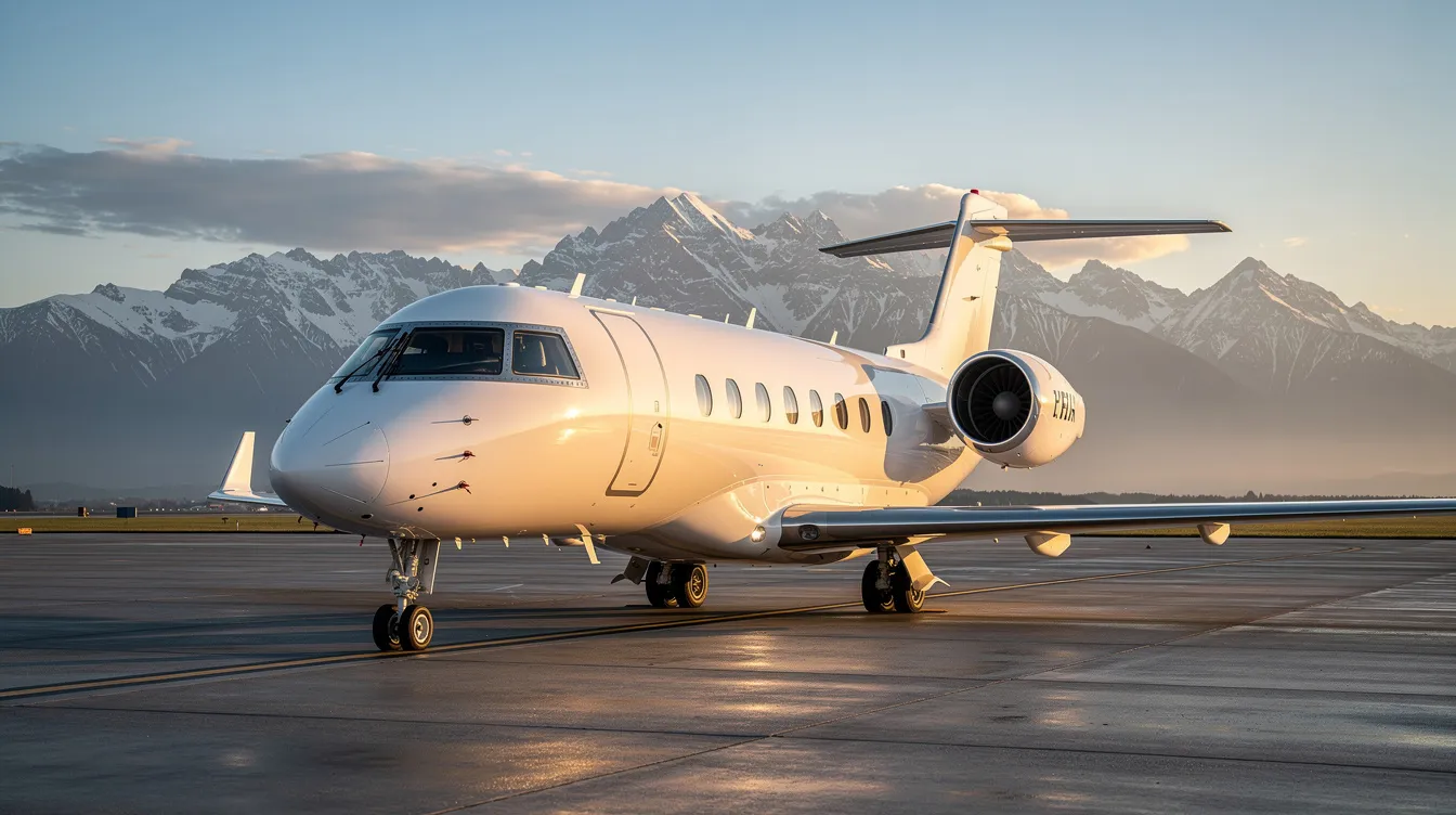 A sleek private jet is parked on a quiet tarmac, with majestic mountains in the background, highlighting the luxury of private air travel. This image represents the world of private airlines, which operate independently from government-owned carriers, offering exclusive flights to international destinations.