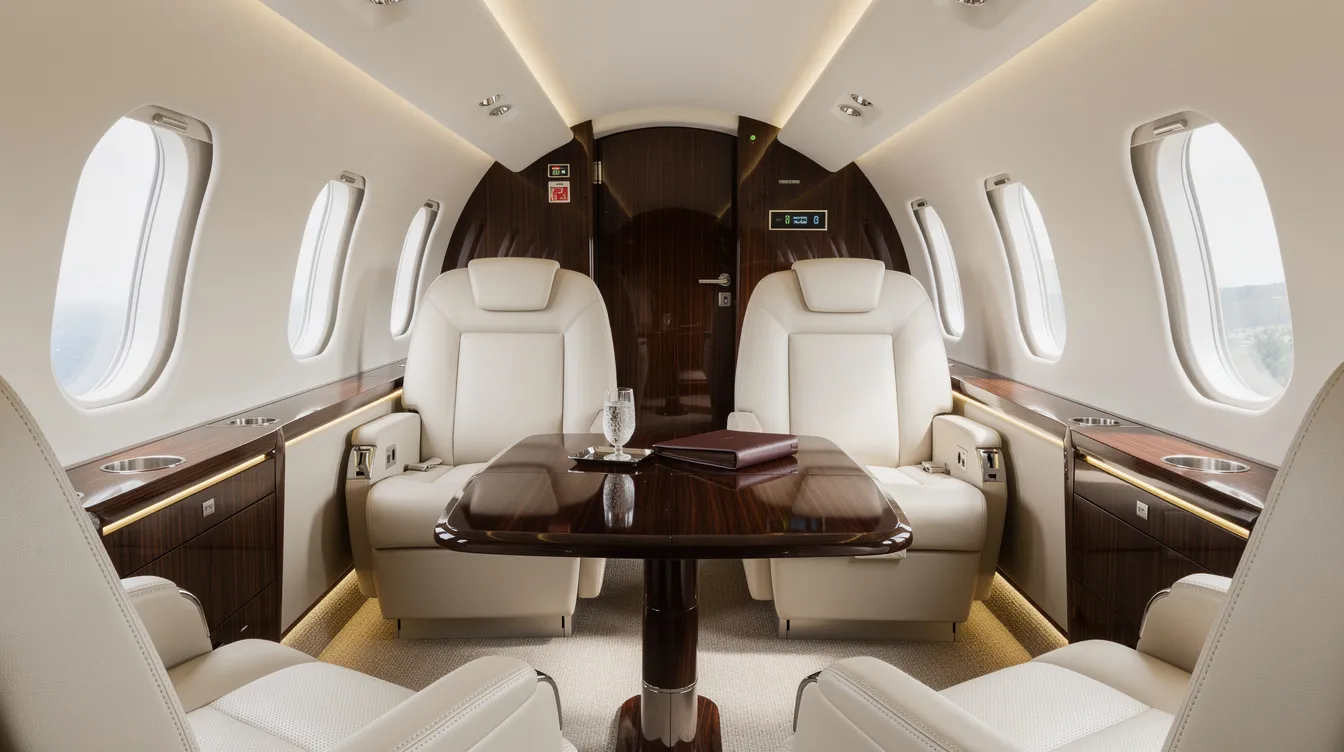 The image depicts the luxurious interior of a private jet cabin, featuring cream leather seats complemented by elegant wood trim, creating a sophisticated atmosphere for private jet travel. This inviting space is designed for comfort, allowing passengers to relax and enjoy personalized service during their journey.