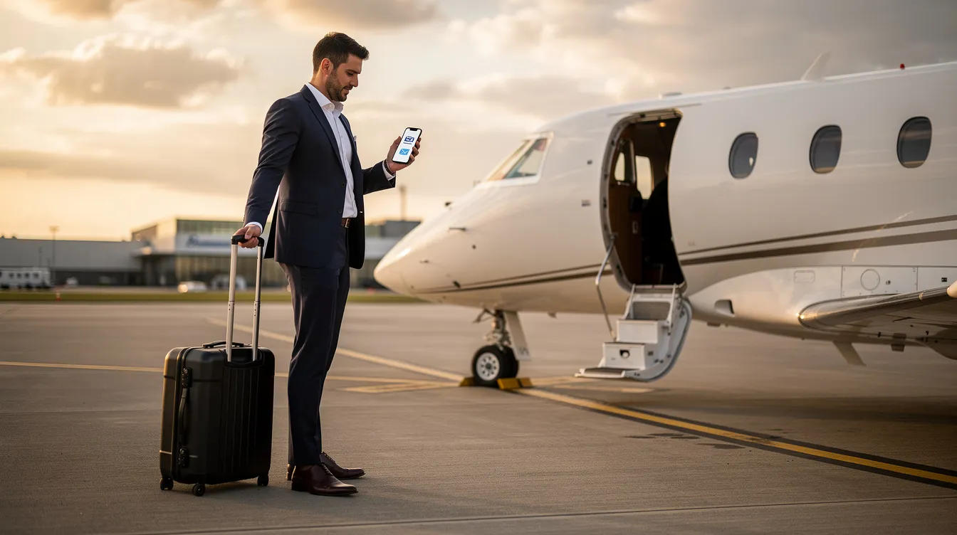 A business traveler stands near a sleek private jet at Van Nuys Airport, engrossed in their smartphone, possibly checking details for their upcoming flight. The scene captures the essence of private jet travel, emphasizing convenience and luxury as they prepare for their journey to destinations like Los Cabos or London.