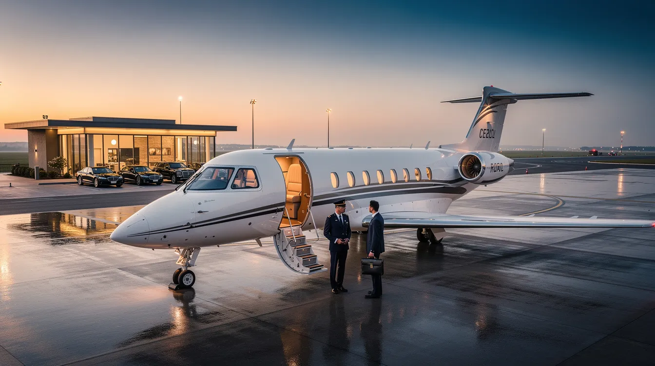 The image depicts a luxurious private jet parked at Van Nuys Airport, showcasing its sleek design and spacious cabin, ideal for personalized service and comfortable private jet travel. Passengers are seen boarding with their luggage, ready to embark on a recent trip to destinations like Los Cabos or Ibiza, highlighting the convenience and efficiency of charter flights.