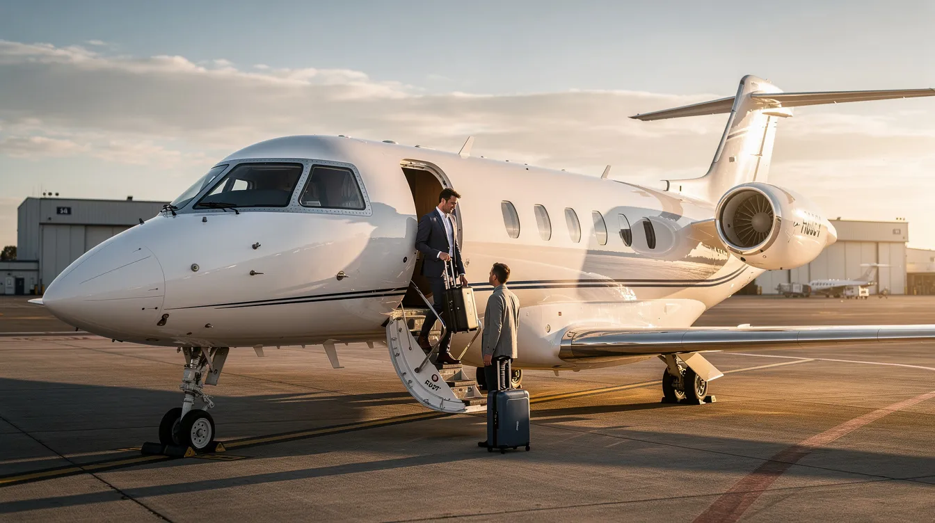 A small private jet is parked on the airport tarmac as passengers board, highlighting the convenience and luxury of private aviation. This scene reflects the benefits of aircraft ownership, offering a premium travel experience with predictable costs and exceptional service for business or leisure trips.