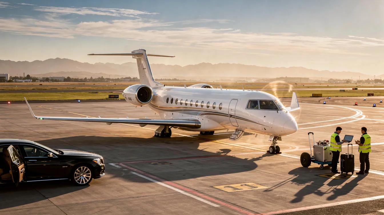 The image depicts a luxurious private aircraft on a tarmac, ready for a flight. This scene highlights the world of private aviation, showcasing the benefits of aircraft ownership and the exceptional service offered to aircraft owners and passengers alike.