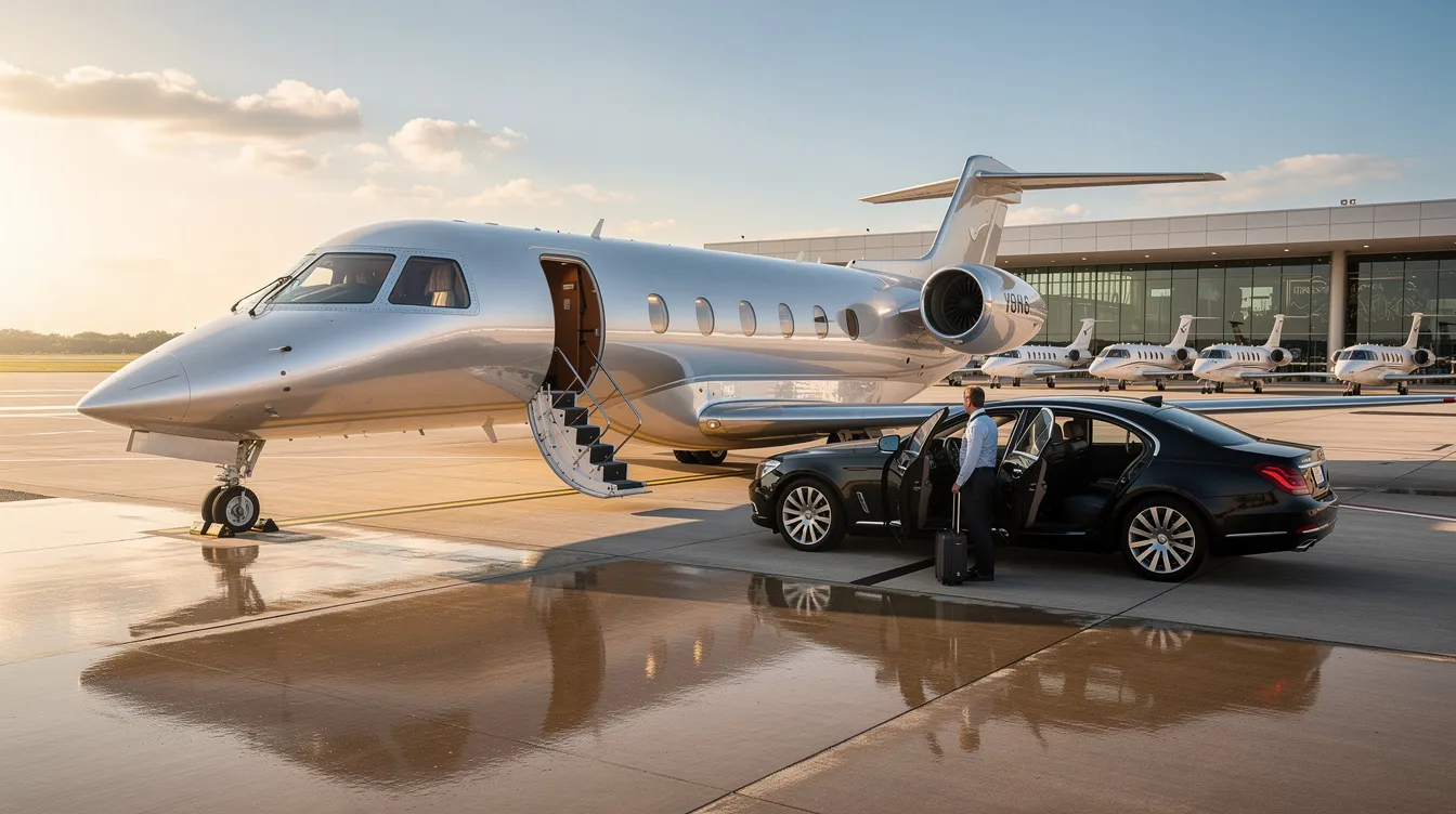 The image showcases a sleek private jet parked at a private terminal, highlighting the luxury and exclusivity of private aviation. With spacious seating and modern technology, this private aircraft offers a stress-free travel experience compared to commercial flights, catering to business travelers and solo adventurers alike.