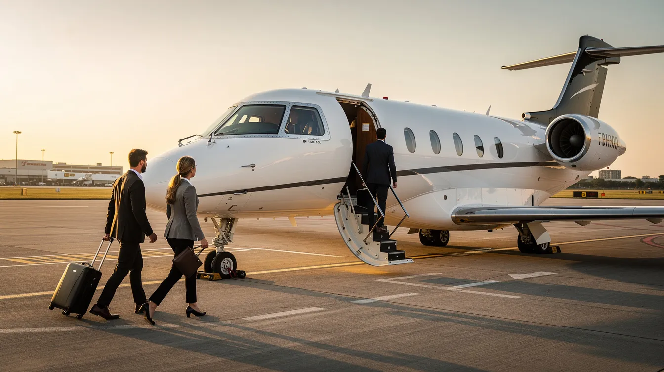 A group of business travelers is boarding a small private aircraft on the tarmac, ready for their private jet flight to a luxury destination. The scene captures the convenience of private aviation, highlighting the exclusive and comfortable experience offered by smaller aircraft compared to commercial flights.