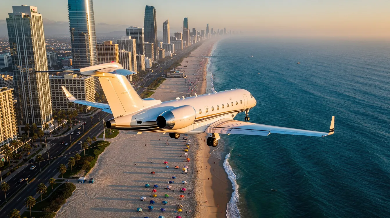 An aerial view captures a private jet soaring over a vibrant coastal city, with sandy beaches and shimmering waters visible below. This scene highlights the allure of private aviation, showcasing the luxury and flexibility of private jet travel for leisure and business travelers alike.
