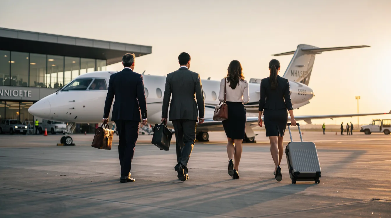 A group of business travelers is walking towards a small private aircraft at a private terminal, ready to embark on their private jet travel. The scene highlights the convenience and efficiency of private aviation, offering a contrast to traditional commercial flights.