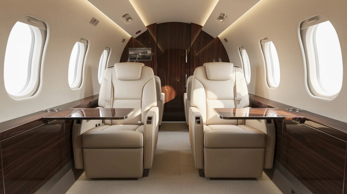 The image showcases the interior of a light jet cabin, featuring plush leather seats and elegant wood accents, designed for private aviation experiences. This luxurious setting is ideal for private jet travelers seeking comfort and style during their flights.