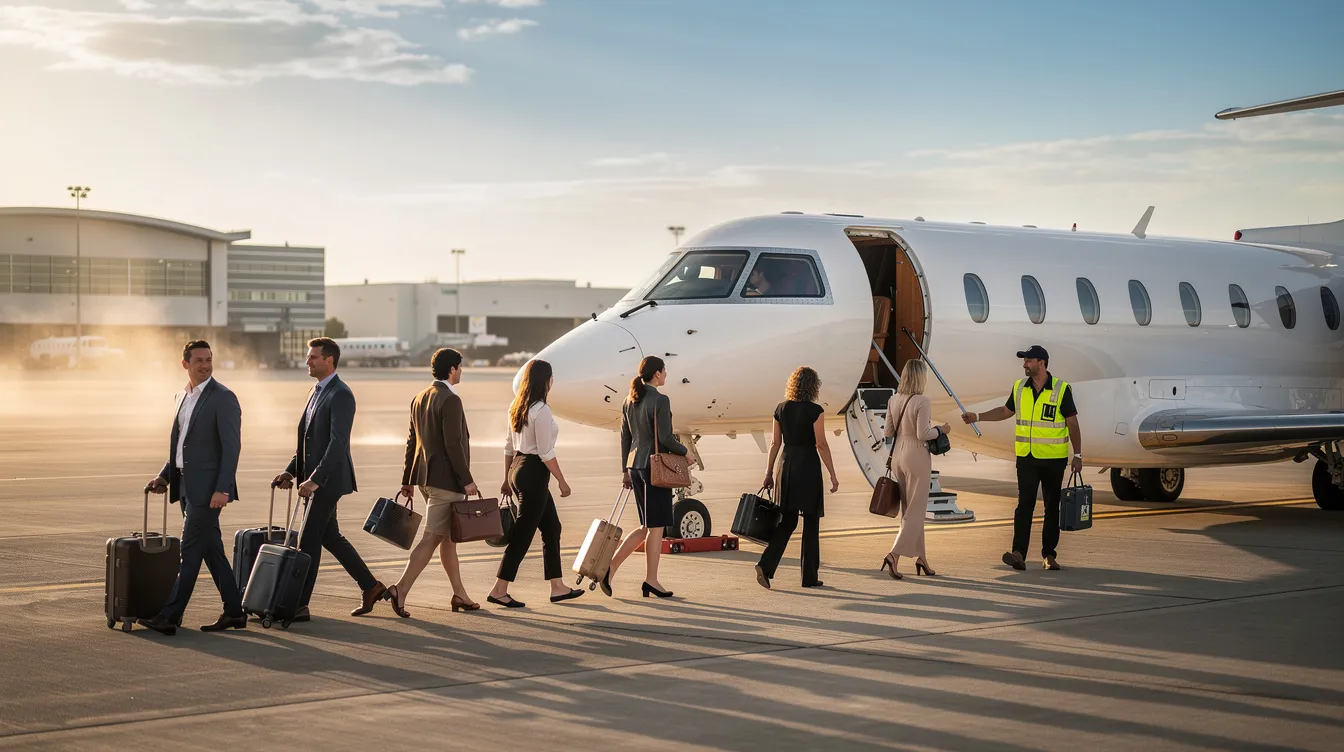 A group of passengers is boarding a sleek private jet on the tarmac, ready for their journey in luxury. This scene highlights the allure of private aviation, where the operating costs, including maintenance and crew expenses, are considerations for those enjoying the benefits of private jet ownership.