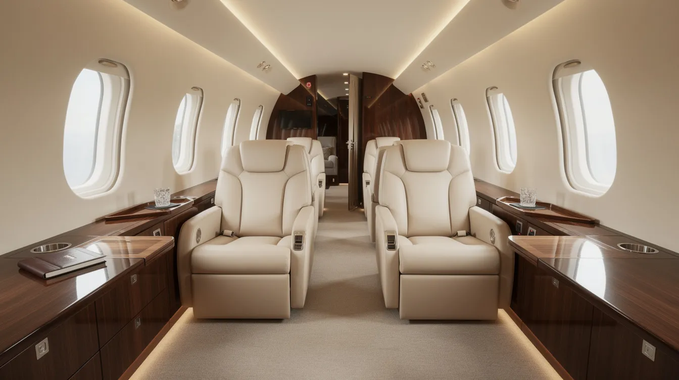 The image depicts the luxurious interior of a large cabin jet, featuring plush leather seating and elegant wood finishes, designed for comfort during private flights. This spacious environment exemplifies the opulence found in modern private jets, ideal for long-range travel and transcontinental flights.