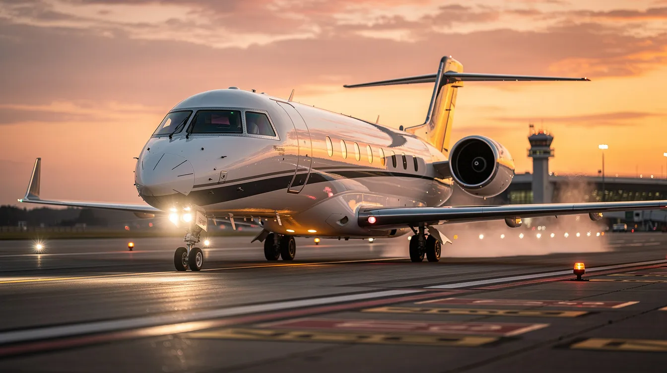 A modern business jet, showcasing sleek lines and a polished exterior, is positioned on the runway, ready for departure as the sun sets in the background. This private aircraft, designed for long range private flights, symbolizes luxury and efficiency in private aviation, with its fuel efficient engines and impressive range capabilities.