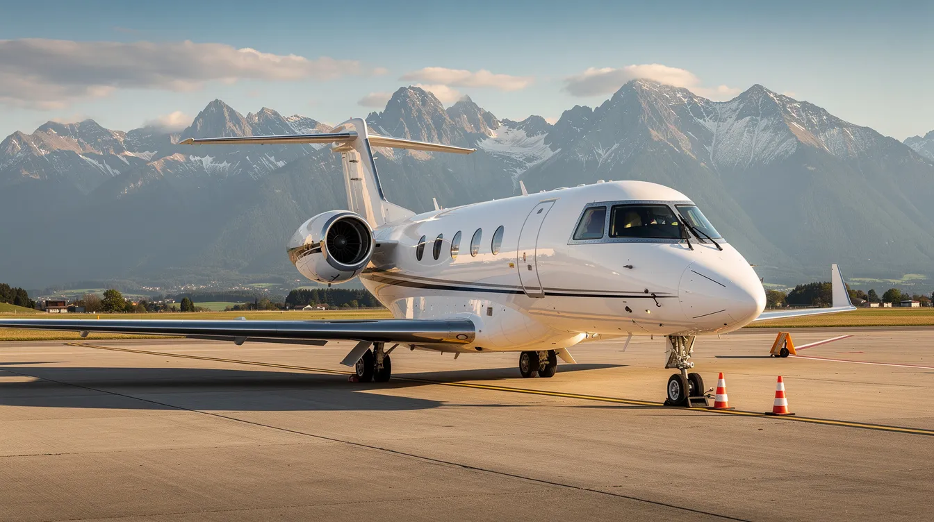 A small private jet, resembling a very light jet, is parked on the tarmac of a regional airport, with majestic mountains in the background. This scene highlights the elegance of private aviation, showcasing the aircraft's sleek design and its potential for long range private flights.