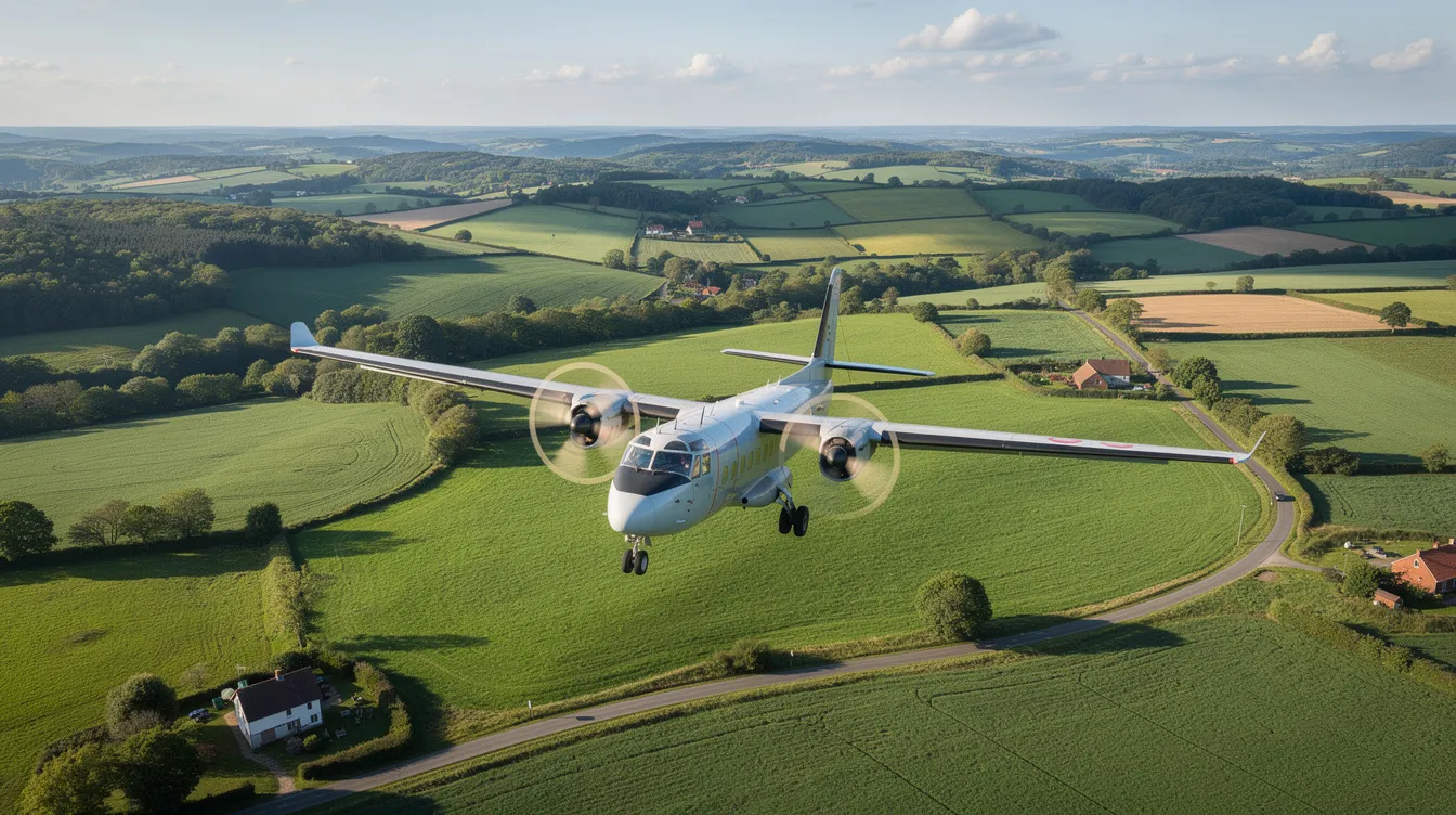 A turboprop aircraft is flying gracefully over a lush green countryside, showcasing its propeller engines designed for fuel efficiency and reliable performance. The image captures the aircraft in motion, highlighting its ability to generate thrust using a gas turbine engine while blending seamlessly into the vibrant landscape below.