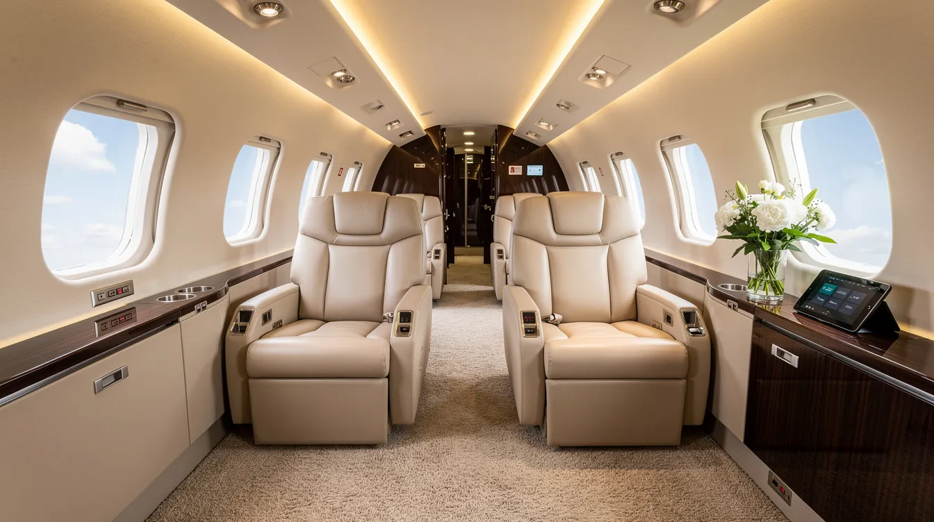 The image depicts the luxurious interior of a private jet cabin, featuring plush seating and elegant decor designed for comfort and relaxation. This opulent space reflects the high performance and efficient operation associated with advanced aircraft jet engines, emphasizing the blend of comfort and technology in modern aviation.