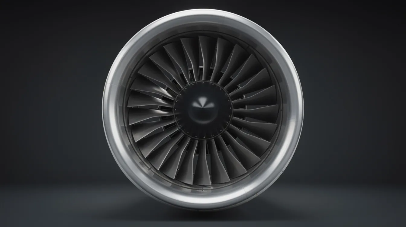 The image shows a large turbofan engine viewed from the front, prominently displaying its fan blades that are designed to compress incoming air and generate thrust. This gas turbine engine is essential for aircraft performance, showcasing its efficient operation and high bypass ratio for improved fuel efficiency.