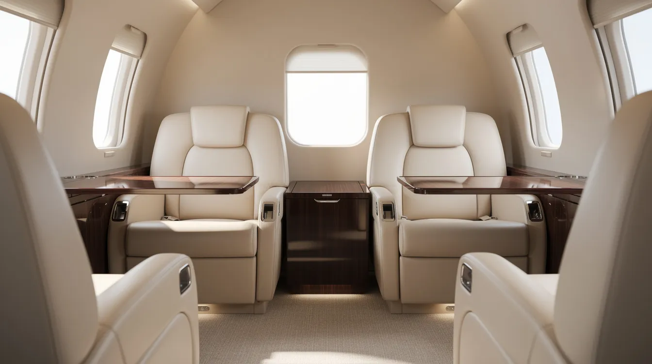 The image shows the luxurious interior of a midsize private jet, featuring cream leather club seating and elegant wood tables, highlighting the comfort and style associated with private aviation. This setup offers a stark contrast to commercial flights, providing business travelers with a more personalized and efficient flying experience.