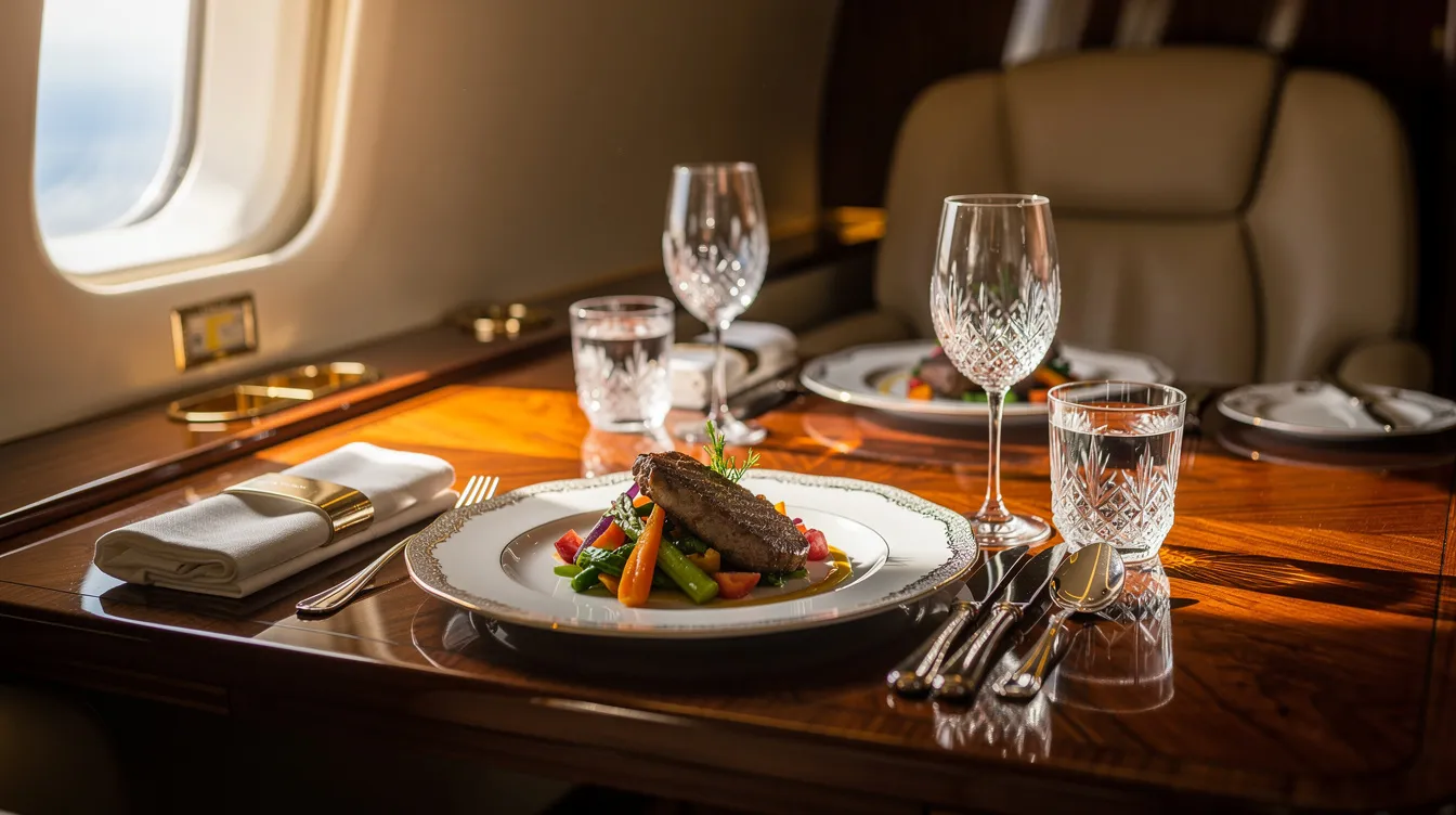 An elegant meal is beautifully presented on a private aircraft, featuring fine china and crystal glassware, showcasing the luxurious amenities that enhance the in-flight experience for private jet passengers. The setting reflects the high standard of private aviation, ensuring a gourmet dining experience while flying private.