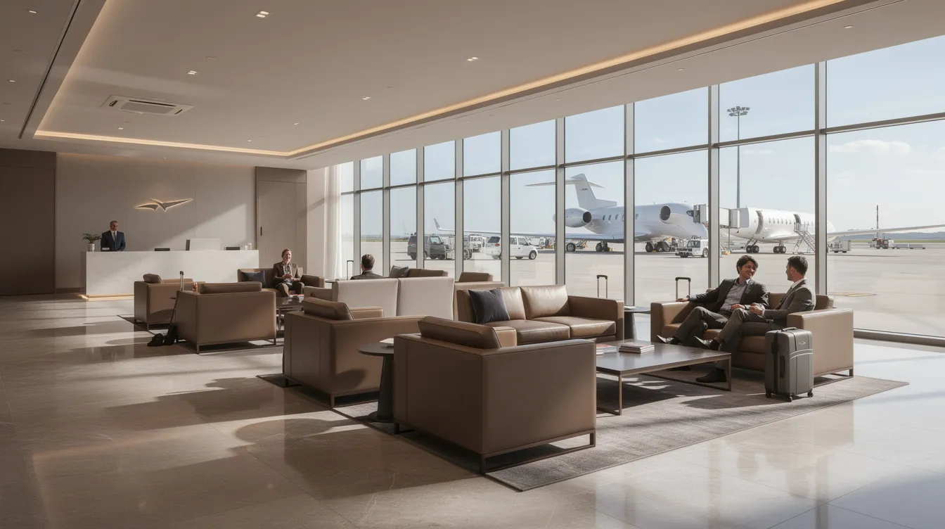 The image depicts a private aviation terminal lounge featuring modern seating arrangements and expansive windows that provide a view of several private jets parked outside. This luxurious space is designed for private jet passengers, offering amenities such as ample natural light and a comfortable environment for business travelers.