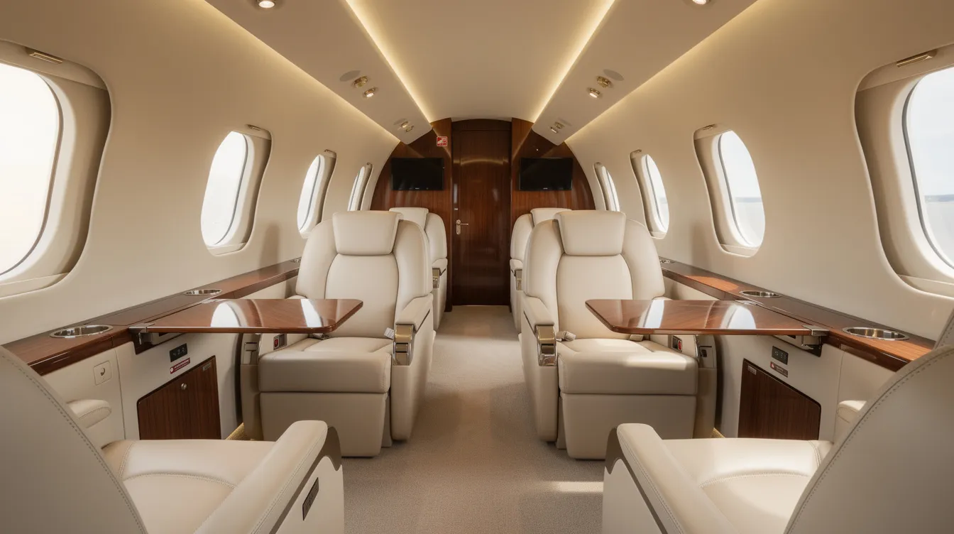 The image depicts the interior of a private jet featuring cream leather seats arranged in a club configuration, providing a spacious cabin environment ideal for private jet passengers to relax or conduct business meetings. The luxurious amenities and modern design enhance the ultimate in-flight experience for travelers seeking comfort and style during their private air travel.