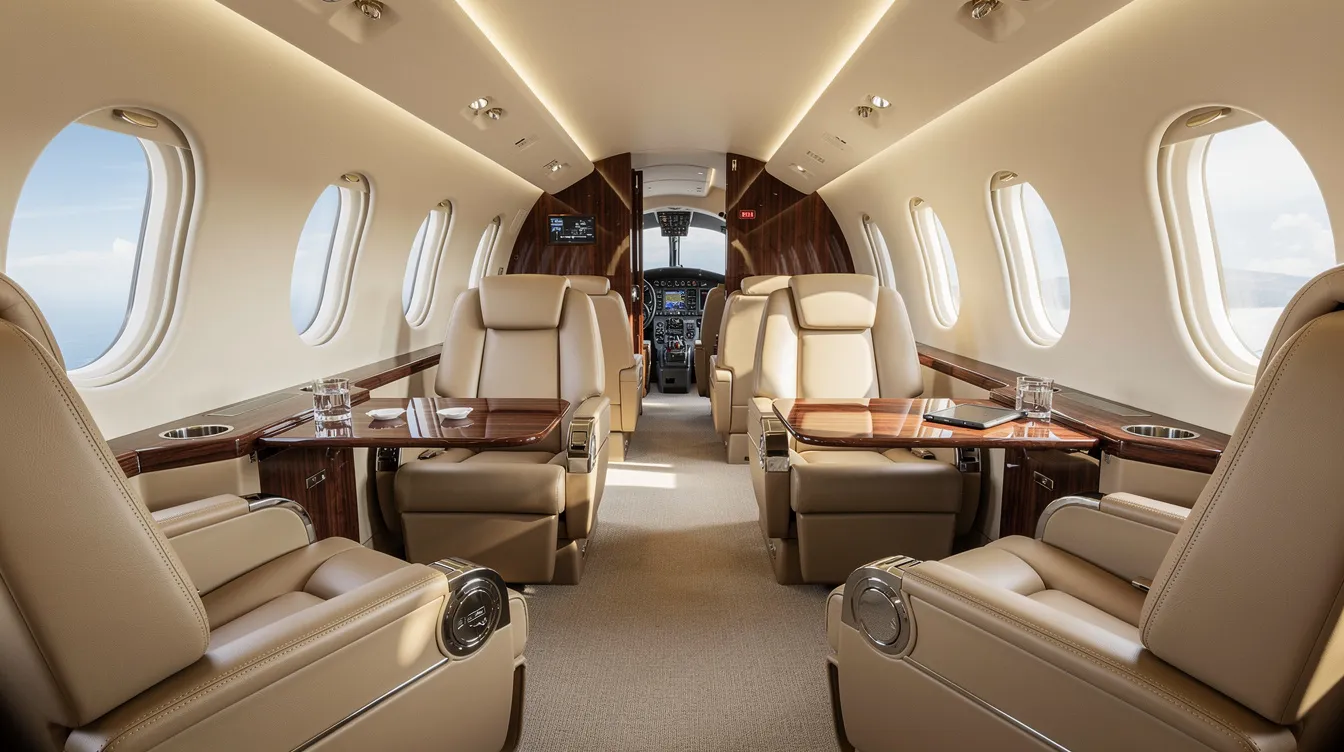 The image depicts the interior of a midsize private jet, featuring luxurious leather club seating and elegant wood trim, creating a comfortable and quiet environment for both business and leisure travelers. This private aircraft offers significant advantages over commercial airlines, such as personalized service and a stress-free experience, allowing passengers to fly privately and maintain their own schedule.