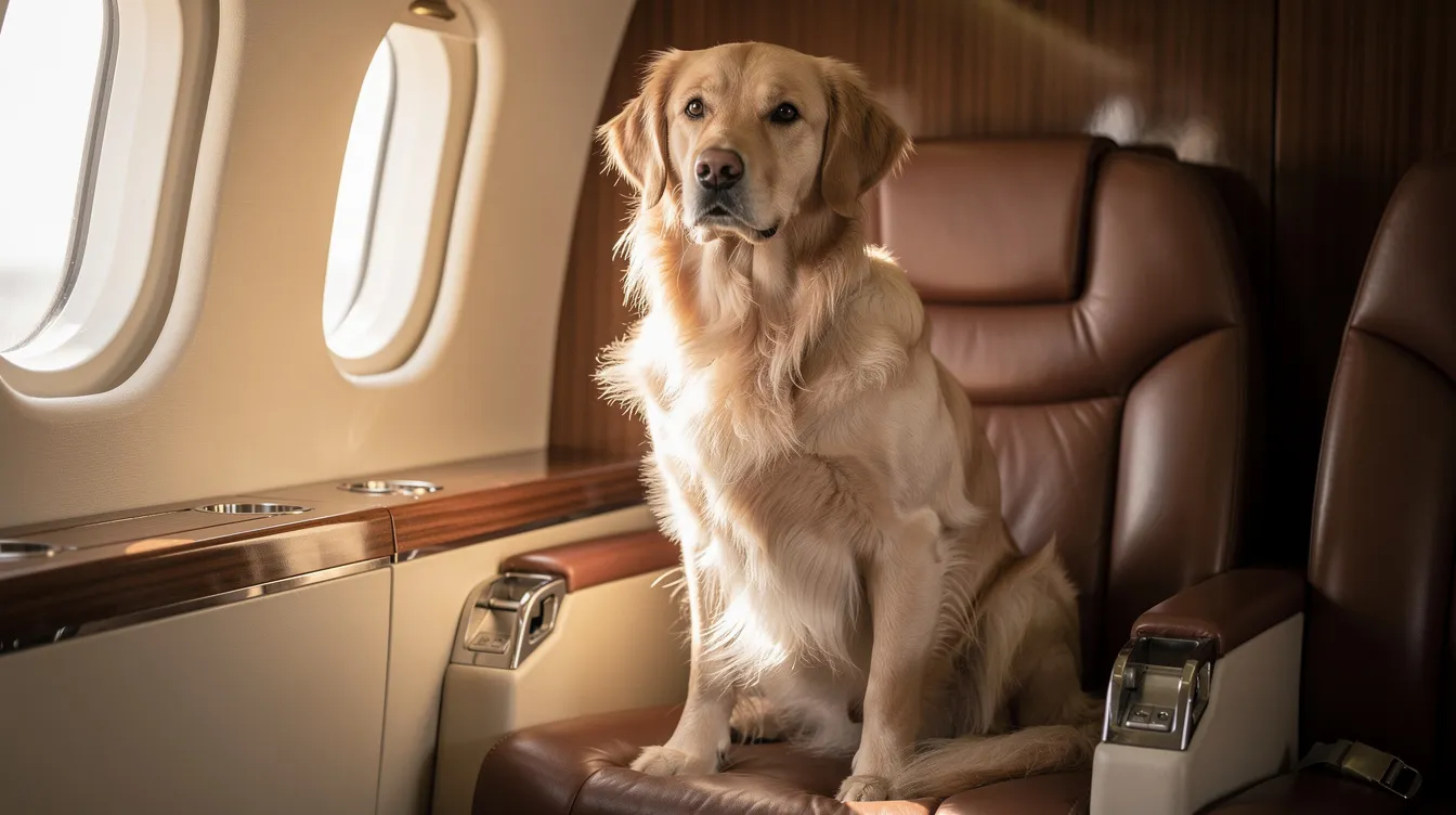A golden retriever sits comfortably on a leather seat inside a private aircraft cabin, illustrating the luxury and personalized service associated with private jet travel. This serene environment offers a stress-free experience, making it ideal for both business and leisure travelers.