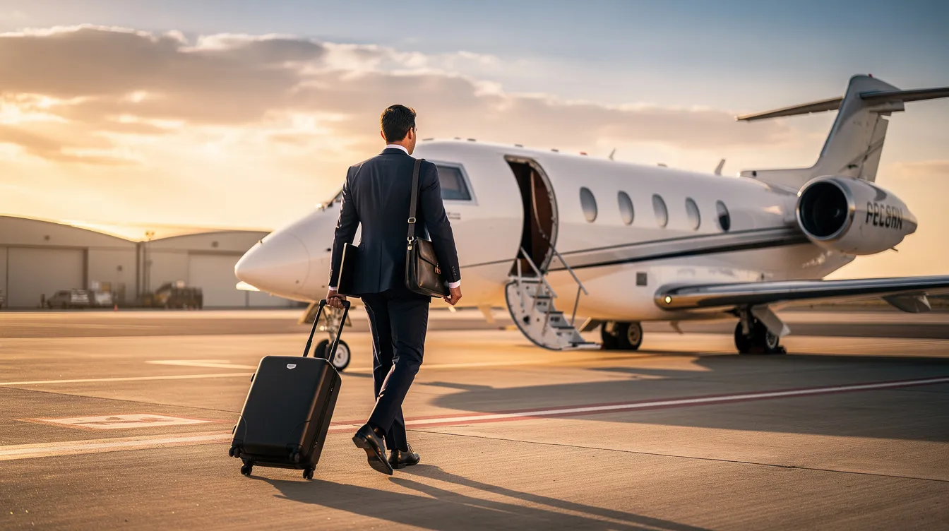 A business traveler in a suit walks purposefully toward a small private jet parked on the tarmac, ready for their departure. The scene captures the essence of luxury travel, highlighting the convenience of private flights and the excitement of new journeys.