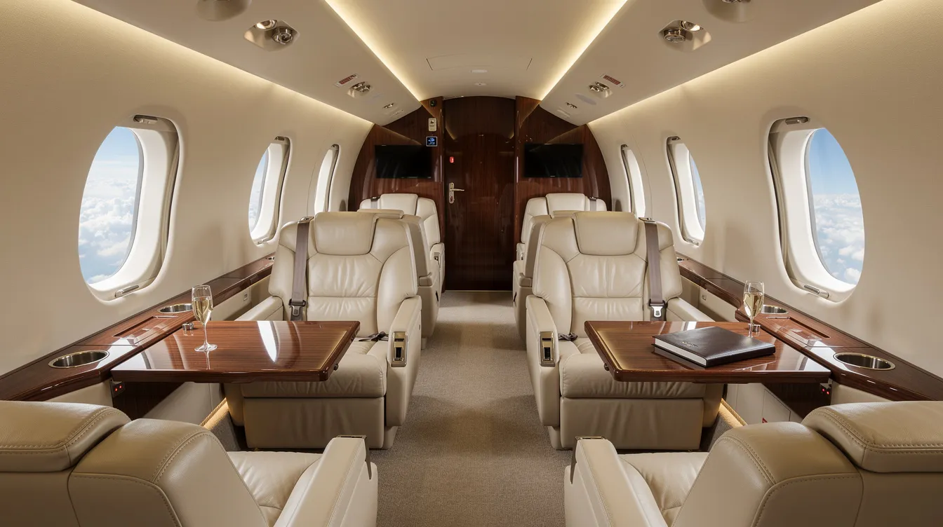 The image shows the luxurious interior of a private jet cabin, featuring plush leather seats and elegant wood trim, providing a comfortable and stylish environment for passengers on their journey. This private flight setting highlights the opulence and attention to detail often sought after by travelers planning their next adventure.