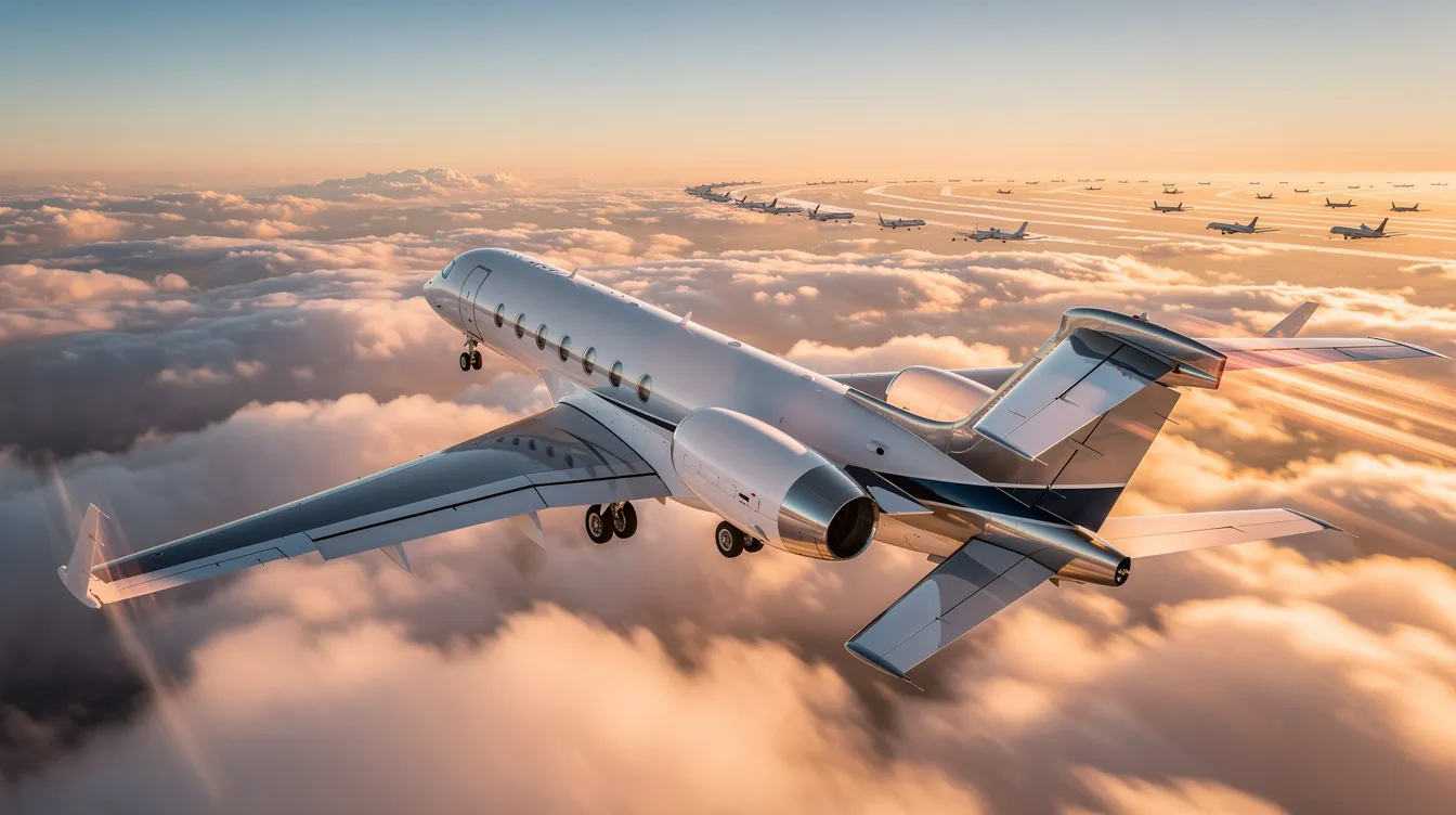 An elegant private jet is parked on a tarmac, ready for passengers to board for their journey, showcasing the luxury and convenience of private flights. The scene highlights the ease of planning travel with options for cheap flights and flexible routes, making it an appealing choice for those looking to explore new destinations.
