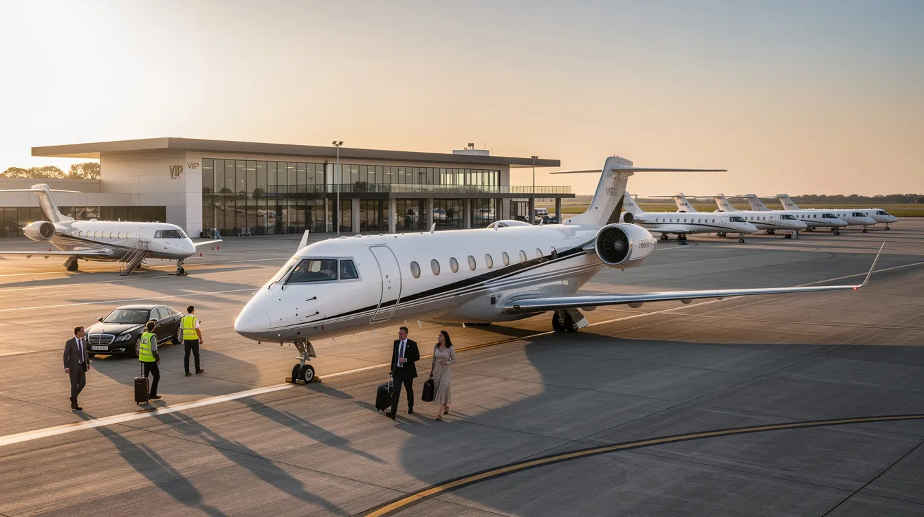 The image depicts a sleek private jet parked at an airport, showcasing the luxury and efficiency of the aviation industry. Various aircraft types, including multi-engine aircraft and light aircraft, are visible in the background, highlighting the current listings of planes for sale in the UK and Europe for aviation enthusiasts and buyers.