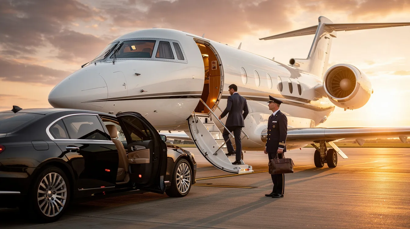 The image depicts a sleek private jet parked at an airport, showcasing the luxury and efficiency of the aviation industry. Various aircraft types, including multi-engine aircraft and light aircraft, are visible in the background, highlighting the current listings of planes for sale in the UK and Europe for aviation enthusiasts and buyers.