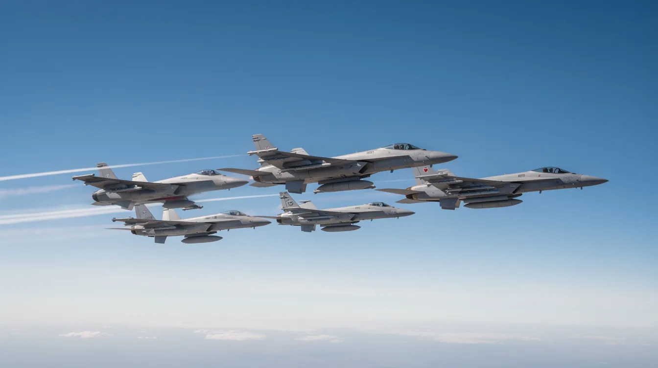 A formation of military jet fighters is soaring through clear blue skies, showcasing their sleek design and agility as they perform a coordinated flight maneuver. These combat aircraft represent advanced aviation technology and are essential for maintaining air superiority in military operations.