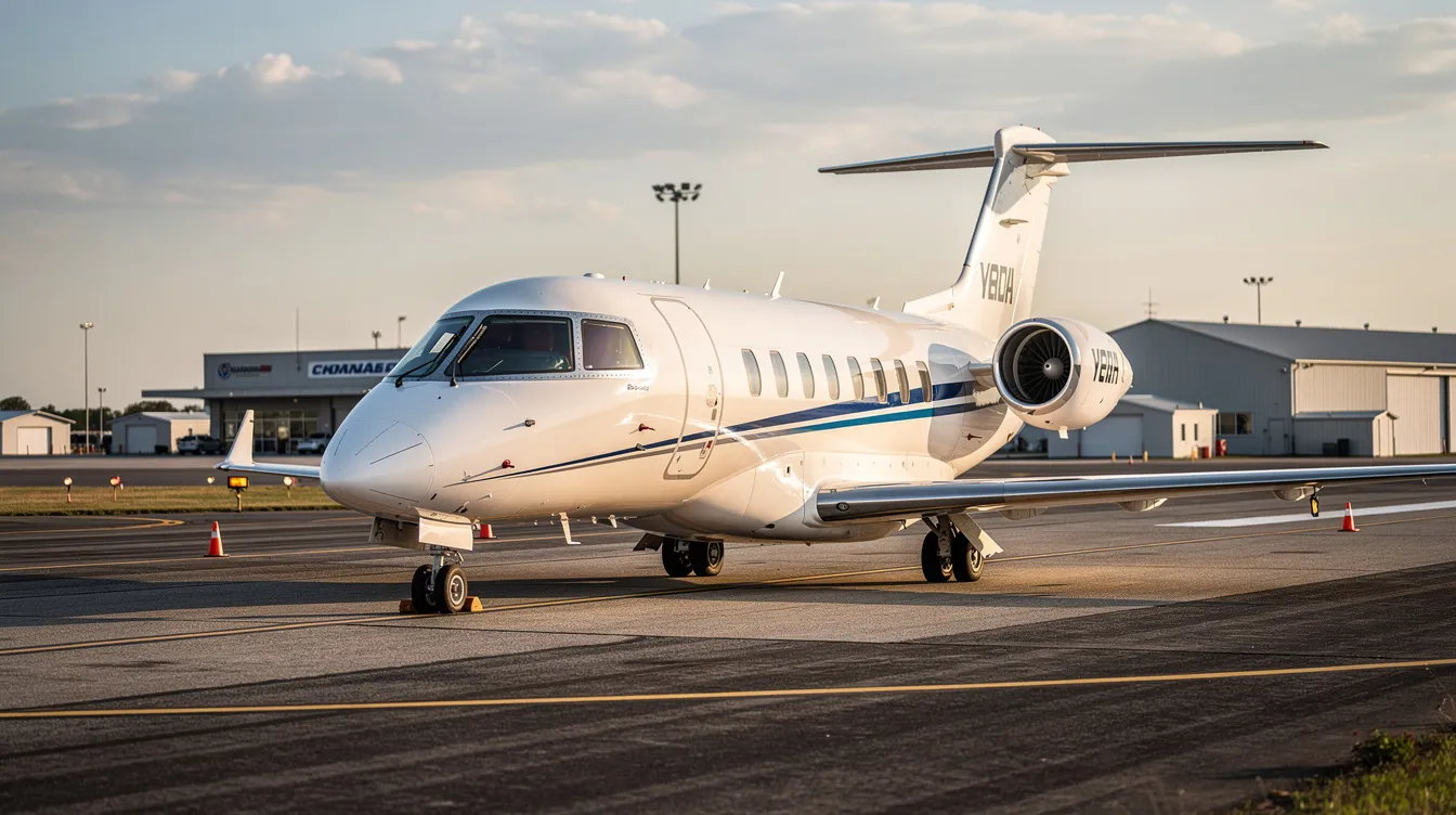 A small business jet is positioned on a regional airport runway, ready for takeoff. This aircraft, designed for efficiency and performance, showcases its capability to operate on various routes, offering a comfortable cabin for passengers and a significant flight range for business aviation.