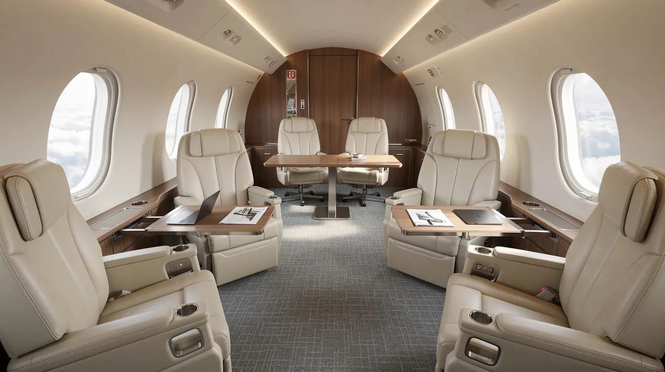 The image depicts a modern business jet cabin interior featuring comfortable seating and designated work areas, designed for maximum efficiency and performance during flights. This large cabin aircraft is tailored for business aviation, ensuring a luxurious experience for passengers while maintaining the capability to cover extensive distances with optimal flight range.