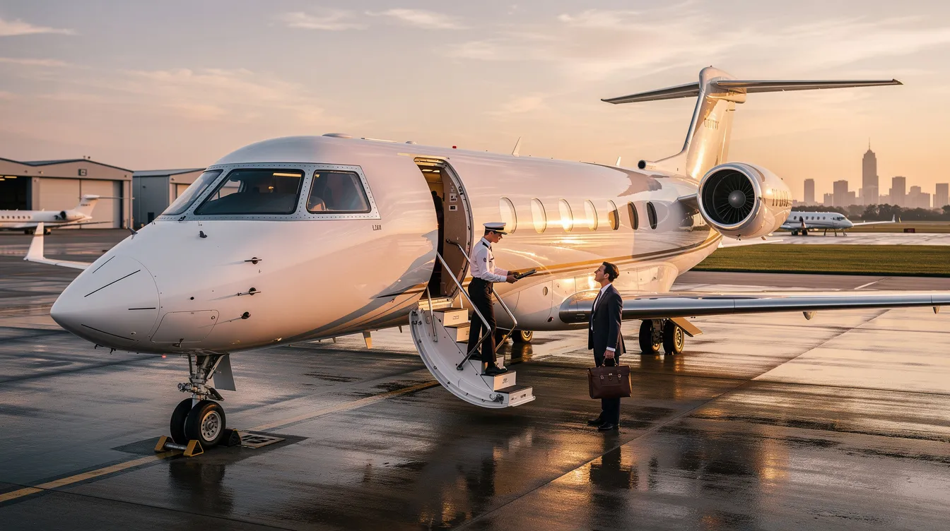 The image showcases a sleek large cabin aircraft designed for private aviation, emphasizing its impressive flight range and top speed capabilities. This state-of-the-art jet represents the pinnacle of business aviation, capable of flying extensive distances while maintaining efficiency and comfort for passengers.