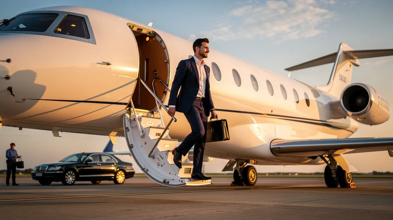 An executive private jet is parked on a tarmac, ready for business travel, showcasing its sleek design and spacious cabin. This aircraft represents the pinnacle of business aviation, ideal for efficient flight operations and scheduling, catering to professionals who value time and comfort in their journeys.